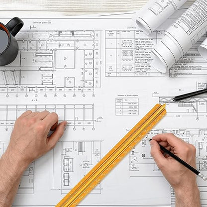 Architectural Scale Ruler, Imperial Measurements 12'', Laser-Etched Aluminum Architect Triangular Ruler Gold for Architects, Students, Draftsman, and Engineers by mveohos