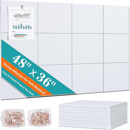 Cork Board for Walls 48" x 36" - White Bulletin Board - 12 Pack Felt Wall Tiles with Safe Removable Adhesive Tabs - Large Corkboard for Office & Home & School Decor - White