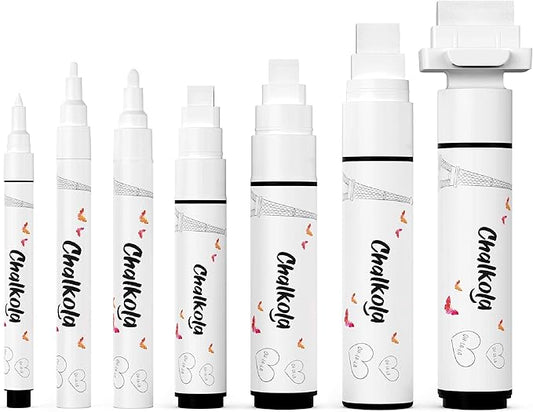 7 White Chalk Markers for Chalkboard Signs, Blackboard, Car Window, Bistro, Glass | 7 Variety Pack - Thin, Fine Tip, Bold & Jumbo Size Erasable Liquid Chalk Pens (1mm, 3mm, 6mm, 8mm, 10mm, 15mm, 30mm)