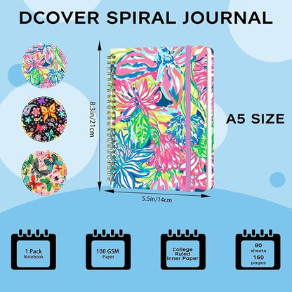 Spiral Notebook - A5 Spiral Notebooks, 8.3'' × 5.8'', 160 Pages, Aesthetic Journaling Notebooks for Women, College Lined Notebook with Elastic Closure, Back Pocket, for School Office, Color printing