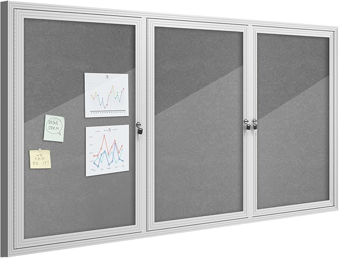 36"x72" Enclosed Bulletin Board, Outdoor Lockable Weather-Resistant Aluminum Cork Noticeboard for School & Office, Silver Frame w/Grey Flet