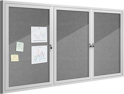 36"x72" Enclosed Bulletin Board, Outdoor Lockable Weather-Resistant Aluminum Cork Noticeboard for School & Office, Silver Frame w/Grey Flet