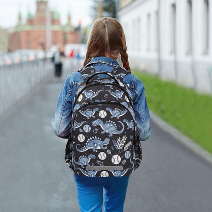 MNSRUU Laptop Backpack with Chest Strap, Dinosaur Baseball Cartoon School Backpack, Travel Hiking Backpack for Boys Girls Teen Adult, Rucksack, Knapsack