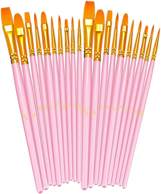BOSOBO Paint Brushes Set, 2 Pack 20 Pcs Round Pointed Tip Nylon Hair Artist Acrylic Paint Brushes for Acrylic Oil Watercolor, Face Nail Art, Miniature Detailing & Rock Painting, Pink