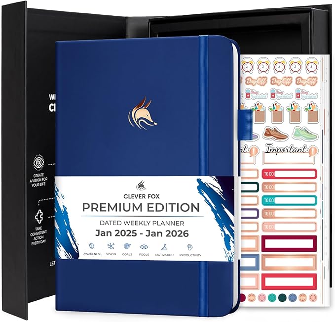 Clever Fox Dated Planner Premium Edition – 2025-2026 Weekly Planner for Planning, Goal Setting & Time Management – Planner Notebook with Habit Tracker & to-do List – A5 Size (Navy Blue)
