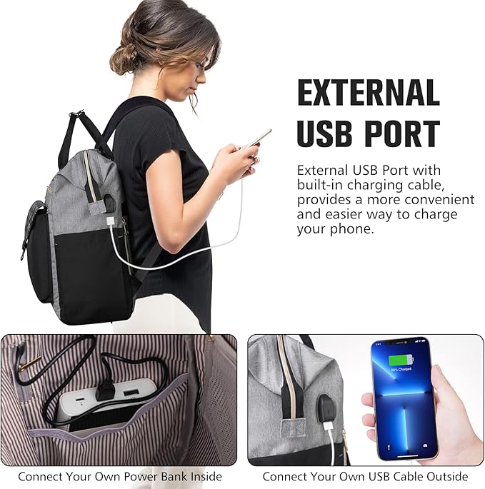 MOMUVO Laptop Backpack for Women Laptop Bag with USB Port, Student Bookbag Water Resistant Backpacks Teacher Doctor Nurse Work Backpack Stylish Travel Bags, Fits 17-Inch Laptop Grey Black