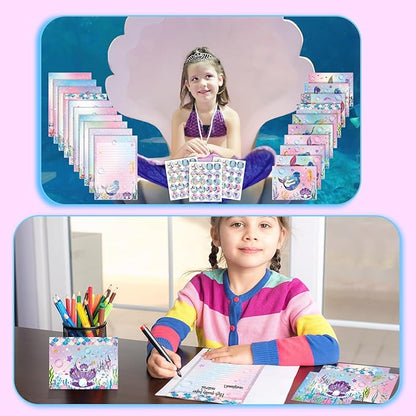 TaoBary 160 Packs Stationery Paper Set (50 Double Sided Stationery Writing Papers 50 Matching Envelopes) 60 Round Dot Sticker, 10 Design(Mermaid,5.5 x 8.25 Inch)
