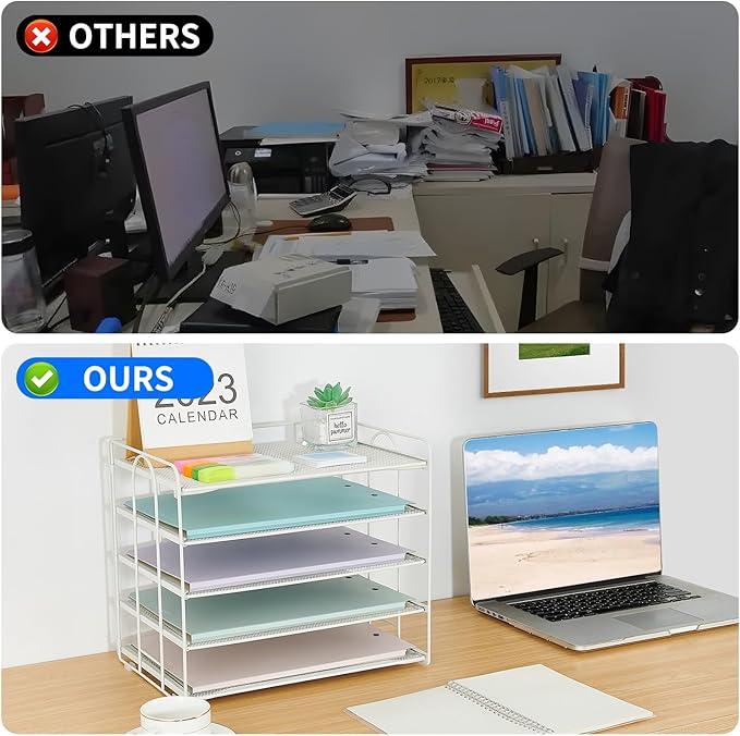5 Tier Mesh Paper Letter Tray Organizer, Desktop Mail Sorter Office Supplies Organizer for Desk, Desk Organizers and Accessories (White)
