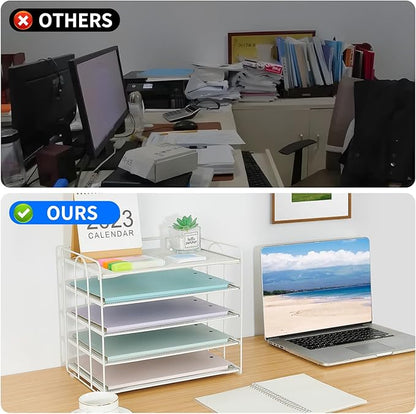 5 Tier Mesh Paper Letter Tray Organizer, Desktop Mail Sorter Office Supplies Organizer for Desk, Desk Organizers and Accessories (White)