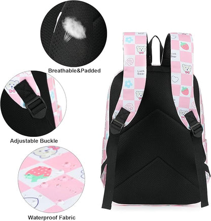 Checkered Bear School Backpack for Teens Girls, Womens College Bookbags Laptop Backpacks (Pink)