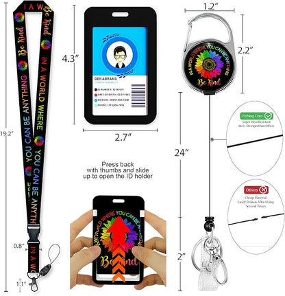 Giancomics Be Kind Lanyards for Id Badges, ID Badge Holder with Lanyard Badge Reel Retractable, Flower Teacher Lanyard with ID Holder Keychain Clip Name Tag ID Card Holder for Women Work Office Gift