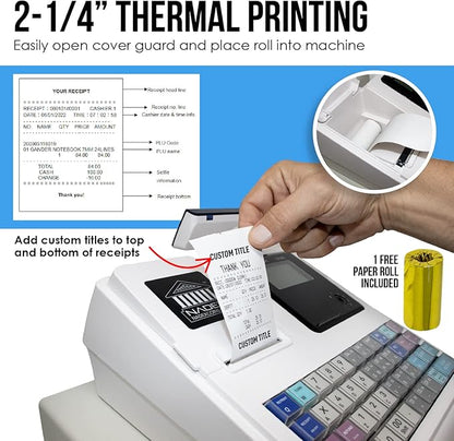 Nadex CR360 Cash Register, 4700 Lookups 50 Dept 50 Clerks, Quick Load Thermal Printer, Compact Size, Cash and Coin Drawer, White