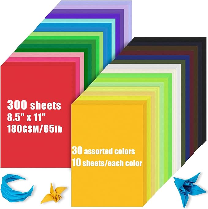 Colored Cardstock Bulk 300 sheets, 8.5” x 11” Cardstock Paper 30 Assorted Colors Construction Paper,180 GSM Card Stock Scrapbooking Supplies for Diy Crafts Cricut Card Making