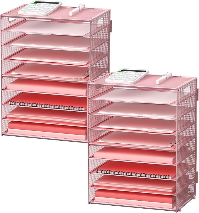 2 Pack 9-Tier Paper Organizer Letter Tray with Handle, Mesh File Organizer Paper Sorter Holder, Desk Organizer for Office Home School, Pink
