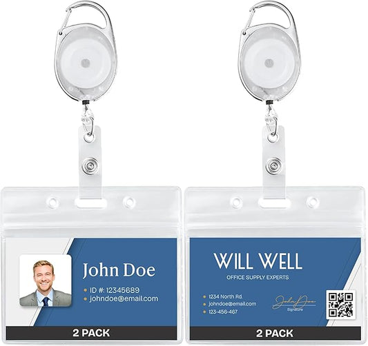 Will Well ID Badge Holders with Clip and Keyring - Horizontal Clear Plastic 3.7" x 2.5" Sleeves Fit Up to 3 Cards - Retractable 24" UHMWPE Fiber Pull Cords - 2-Pack, Transparent White Reels