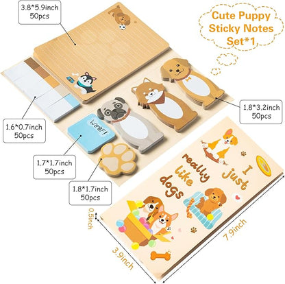 I Just Really Like Dogs Sticky Notes Set, 550 Sheets, Cute Cartoon Puppy Self-Stick Notes Pads Animal Divider Tabs Bundle Writing Memo Pads Back to School Office Supplies Small Gift