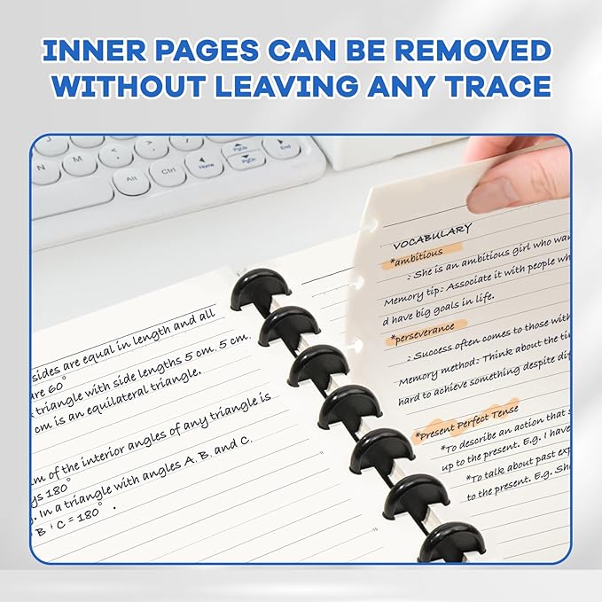 Discbound Notebook, 8-Disc Disbound Planner with Removable Pages, 180 Pages Spiral Notebook, Poly Cover Discbound Planner for Work, Travel, Note Taking(With Index Sticker),Black, A4