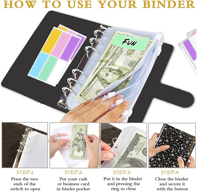 35 Pieces A6 Binder PVC Cover with 10 Clear Binder Pockets, Waterproof 6-Ring Budget Binder Envelopes System Budget Planner Organizer, Budget Sheets & Card Bags & Papers & Label for Cash Envelopes