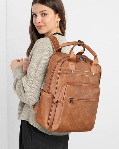 MASINTOR Leather Laptop Backpack for Women, Stylish Computer Backpack College Business Work Shoulder Bags Work and Travel Mocha Brown