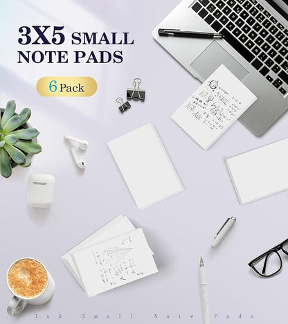 Notepads 3x5, 6 Pack Small Note Pads, Server Note Pads, Scratch Pads 3x5, Memo Pads White Paper, 50 Sheets per Blank Note pads 3x5, Small Writing Pads Pocket Notepads for Office School Home Supplies