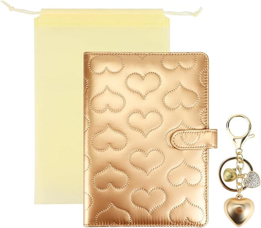 A5 PU Leather Cotton-Padded Binder 6-Ring Notebook Binder Cover with Gold Keychain for A5 Filler Paper, Refillable A5 Personal Planner Budget Binder with Magnetic Buckle Closure (Gold, A5)