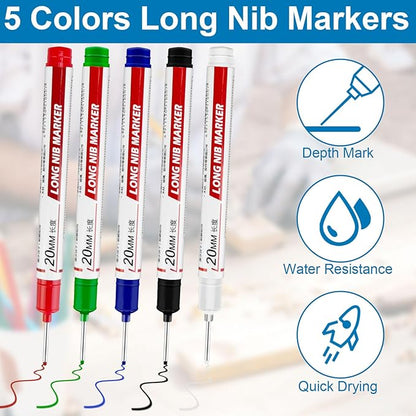 10 Pcs Long Head Deep Hole Marker - Long Nib Marker, Multi-purpose Deep Hole Marker Pens, Quick Dry Waterproof Colorful Carpenter Pen Markers for Construction Bathroom Woodworking