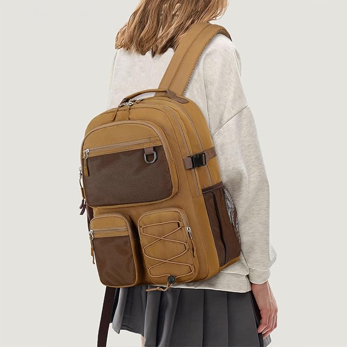 Lohol Water Resistant Daypack with Mulitiple Pockets for Travel Outdoor College, 15.6 inch Laptop Backpack for Men and Women (Brown