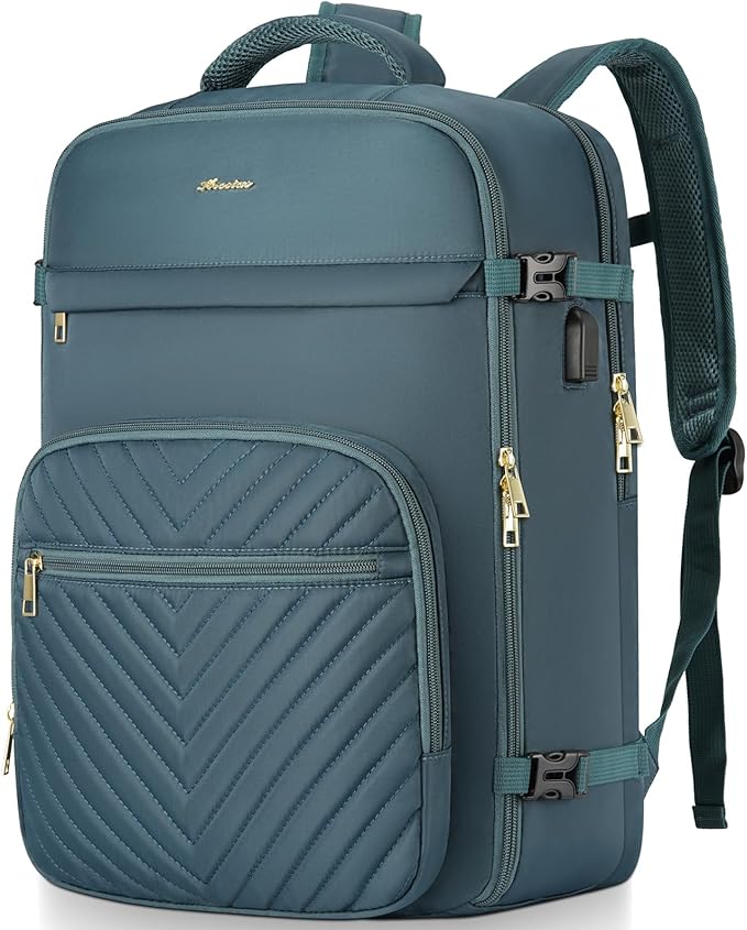 Travel Backpack for Women, Carry On Backpack for Airplanes Flight Approved, Waterproof Large Weekender Overnight Bag Fit 17 Inch Laptop with USB Charging Port, Peacock Blue