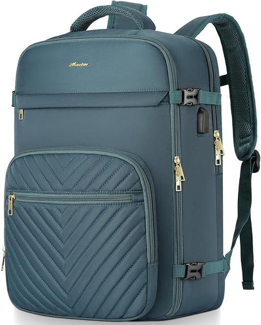 Travel Backpack for Women, Carry On Backpack for Airplanes Flight Approved, Waterproof Large Weekender Overnight Bag Fit 17 Inch Laptop with USB Charging Port, Peacock Blue