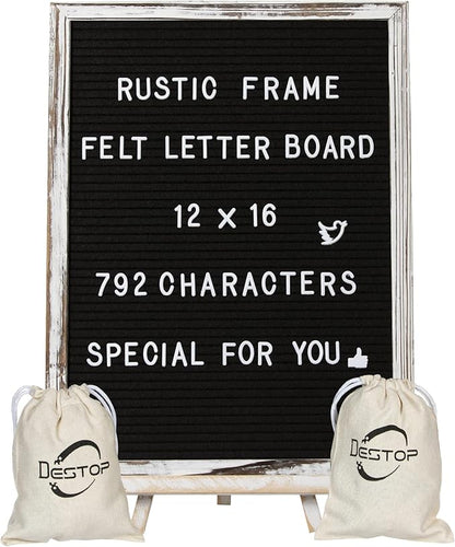 Felt Letter Board with Rustic Vintage Frame and Stand 12x16 inch,Black Changeable Letter and Message Board Includes 792 Letters, Numbers and Symbols, Hook to Hang, 2 Canvas Bags