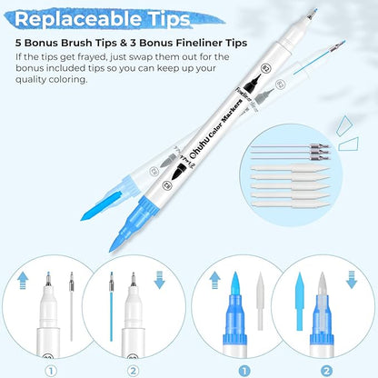 Ohuhu Markers for Adult Coloring Books: 160 Colors Coloring Markers Dual Tips Fine & Brush Drawing Pens Water-Based Art Markers for Kids Adults Sketch Bullet Journal with Carrying Case - Maui - White