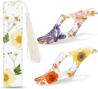 Book Lover Gifts, 2 Pcs Thumb Book Page Holder Dried Flower Resin Book Page Holder and 1 Pcs Bookmark with Tassel, Christmas Gifts Stocking Stuffers for Women Kids