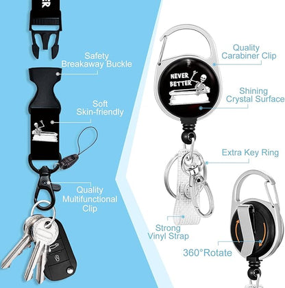 Lanyards for Id Badges, Funny Badge Holder with Retractable Badge Reel Clip, Skull Skeleton Work Card Name Tag Keychain Lanyard Vertical ID Card Protector for Women Nurse Doctor Teacher Student
