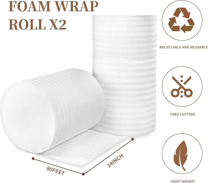 Moving Supplies, 14'' Wide X 160' Length Foam Wrap Roll, Packing Supplies for Packing, Moving, Fragile Articles, Furniture, Transportation Packaging, Including 60 Fragile Stickers.