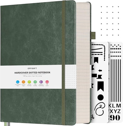 Dotted Journal Notebook, 312 Numbered Pages Large B5 Hardcover Leather Notebook, 100gsm No Bleed Paper Dot Grid Notebook with Index Pages, Dot Journal for Women Men, 7.6'' X 10'', Green