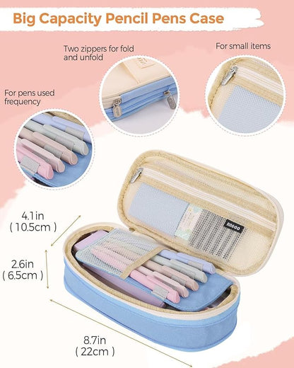 SKYDUE Cute School Supplies 44 PCS, Aesthetic Pencil Case with 12 Pastel Highlighters, 5 Black Gel Pens, 6 Color Gel Pens & Mechanical Pencils, College Essentials Students Stationary Set Blue