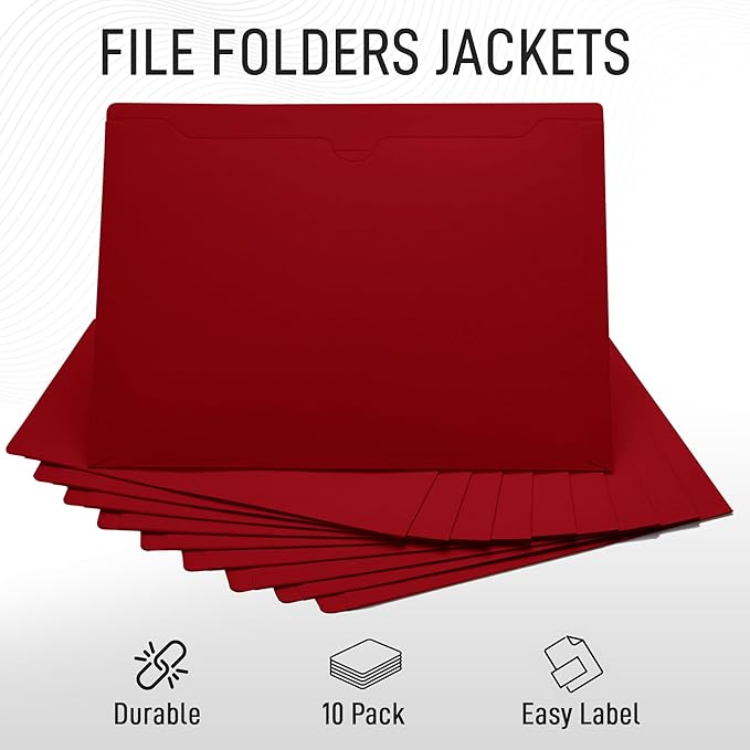 Red File Jackets, Flat-No Expansion, Letter Size, Reinforced Straight-Cut Tab, 10 Pack