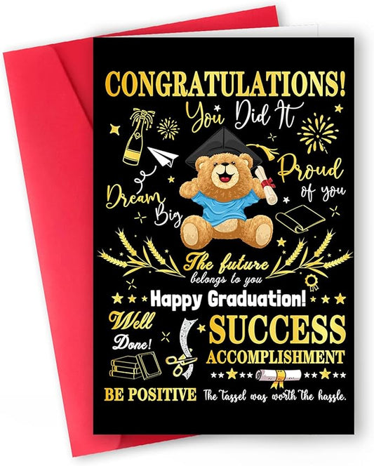 Congratulations Graduation Card, Graduation Gifts for Men, Women, Boys, Girls – Inspirational Quotes with Cute Teddy Bear Design – Celebrate Success and Achievement