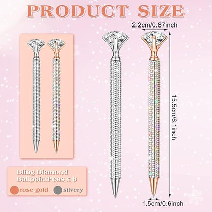 Jeyiour 6 Pcs Big Diamond Pens with Crystal Bling Rhinestone Metal Glitter Diamond Ballpoint Black Ink Pens Wedding Bridal Shower Favors for Birthday Gift Supplies(Silver, Rose Gold)