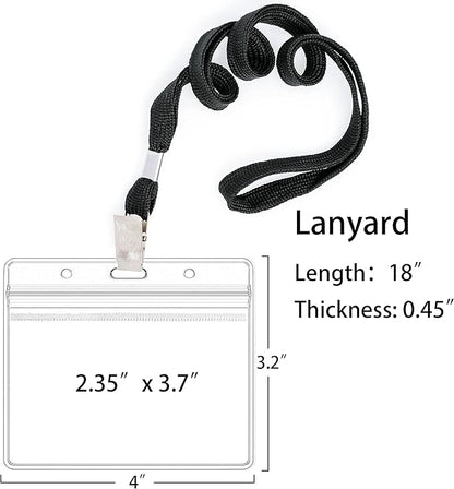 100Pcs Clear Plastic Horizontal Name Tags Badge ID Card Holders and 100Pcs Black Lanyards with Clip lanyards for id Badges (Black)
