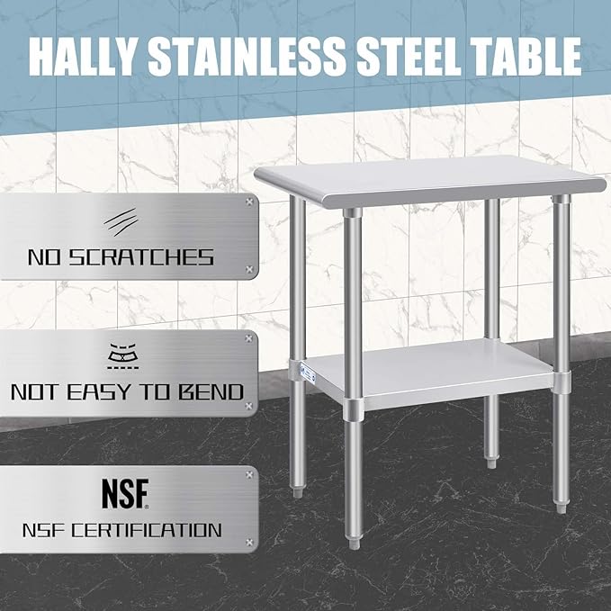 Hally Stainless Steel Table for Prep & Work 30 x 18 Inches, NSF Commercial Heavy Duty Table with Undershelf and Galvanized Legs for Restaurant, Home and Hotel