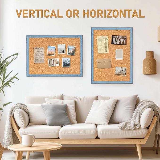 DOLLAR BOSS Cork Boards for Walls, 24 X 18 Inches Bulletin Board Decorative Hanging Pin Board Rustic Wooden Frame Vision Board Notice Board for Office Home Decor, Blue