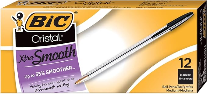 BIC Cristal Xtra Smooth Black Ballpoint Pens, Reliable Medium Point (1.0mm), 12-Count Pack