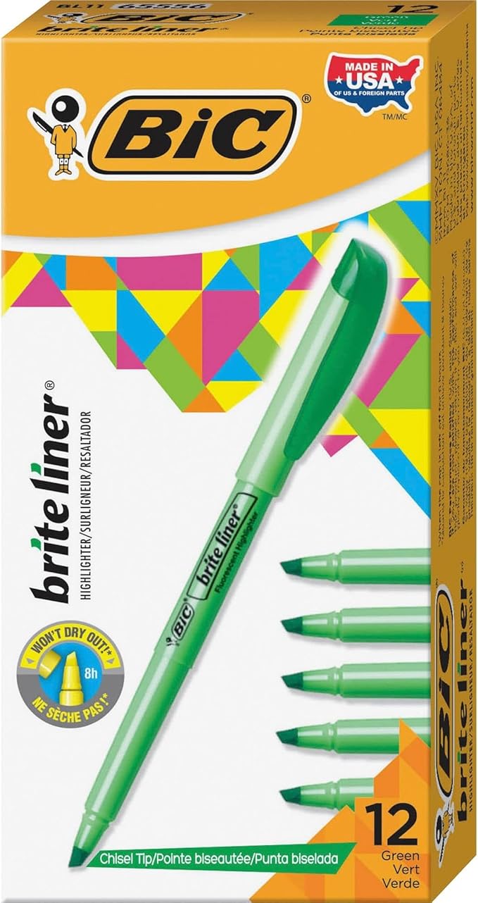 BIC Brite Liner Highlighter, Chisel Tip, Green, 12-Count (BL11-GREEN)