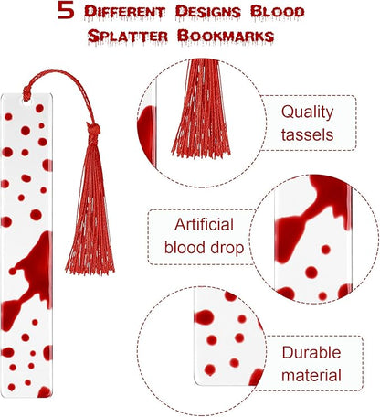 5 Pieces Blood Bookmark Halloween Theme Bookmarks Blood Splatter Bookmark Art Page Marker Bloodstain Bookmark Handmade Ideal Trick or Treat Present for Friends, Kids, Students, Teacher