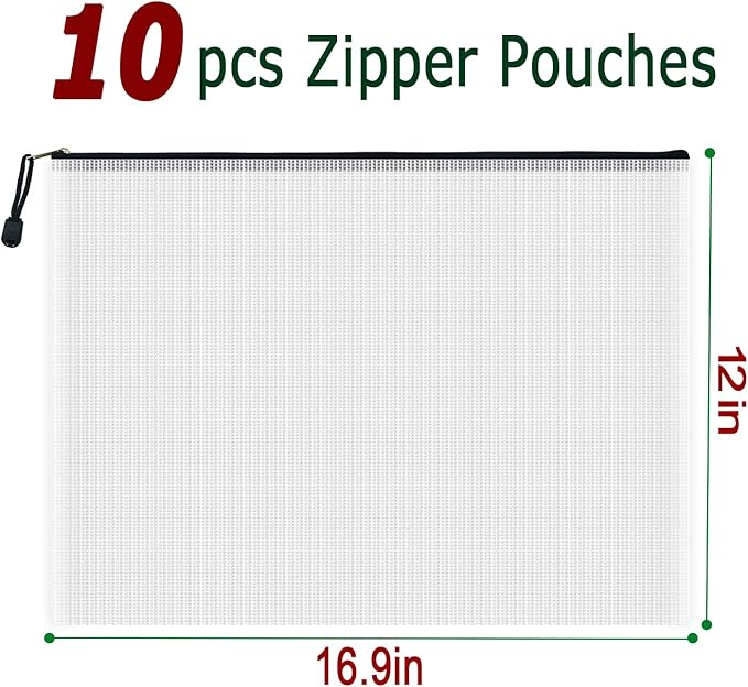 AUSTARK 10 Pcs Zipper File Bags, Waterproof Plastic Mesh Pouch for Office School, Board Game Storage Bags (A3 Size 16.9''x12'', White and Black)
