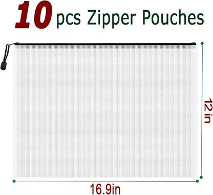 AUSTARK 10 Pcs Zipper File Bags, Waterproof Plastic Mesh Pouch for Office School, Board Game Storage Bags (A3 Size 16.9''x12'', White and Black)