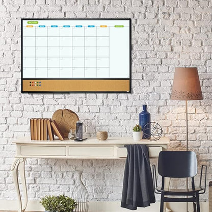 JILoffice Magnetic Calendar Whiteboard & Bulletin Corkboard Combination, Combo Board 36 x 24 Inch, Black Aluminum Frame Wall Mounted Board for Office Home and School with 10 Push Pins