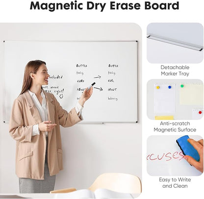 Sweetcrispy Magnetic Dry Erase Board, 36 X 24 Inches Whiteboard for Home Office School, Sliver Reinforced Aluminum Frame,1 Dry Eraser & 2 Dry Erase Markers & 4 Magnetic Pins