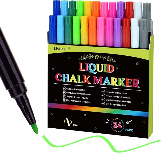 24 x Chalk Markers,Liquid Chalk Markers, Chalkboard Markers for Acrylic Fridge Calendar Board,Window, Mirror,Glass,12 Vibrant Colors, 1mm Fine Points